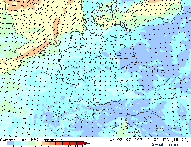 Wind 10 m (bft) Arpege-eu wo 03.07.2024 21 UTC