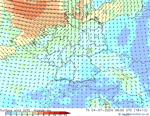Wind 10 m (bft) Arpege-eu do 04.07.2024 06 UTC
