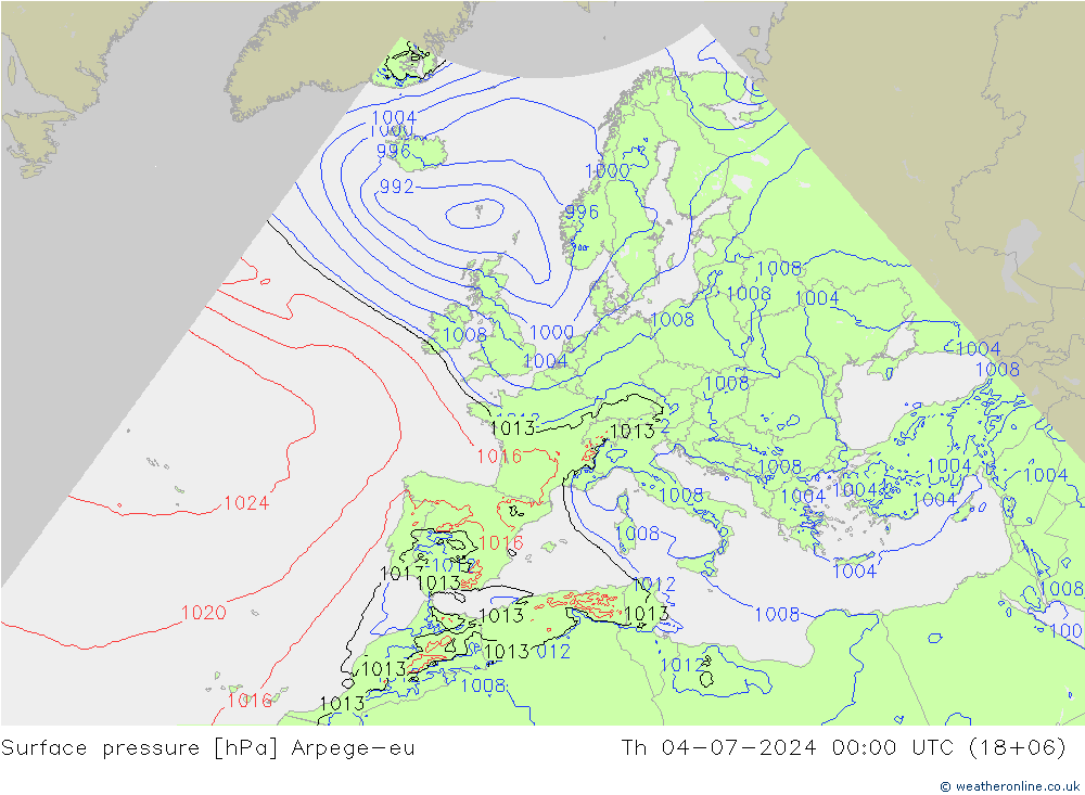 地面气压 Arpege-eu 星期四 04.07.2024 00 UTC