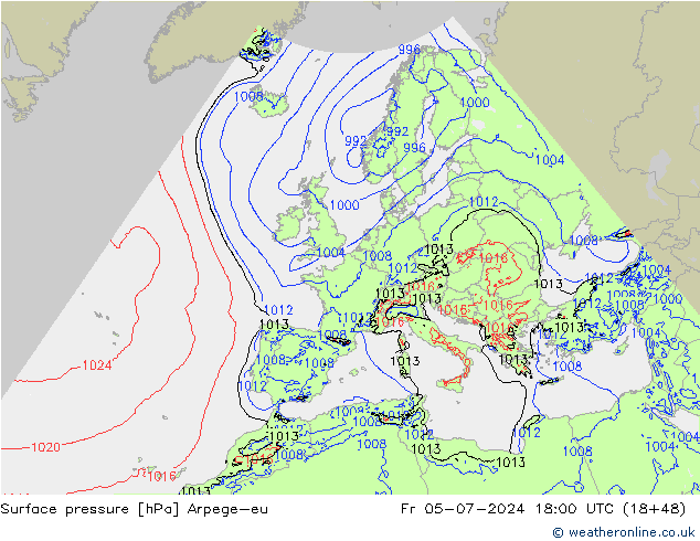 地面气压 Arpege-eu 星期五 05.07.2024 18 UTC