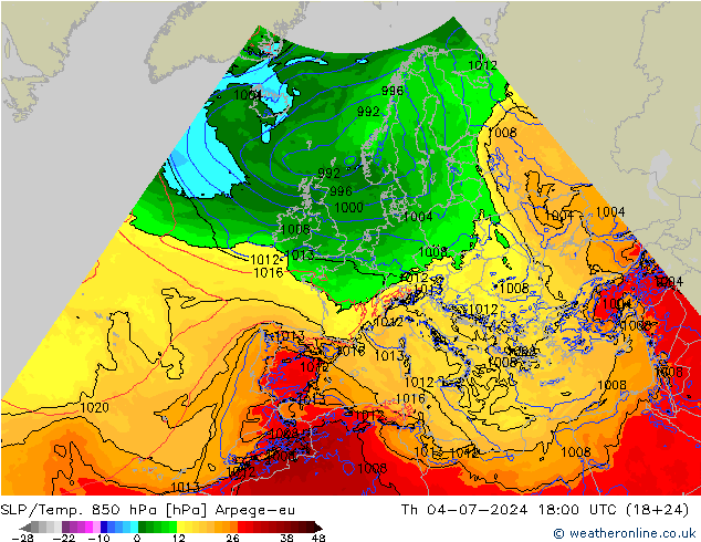 SLP/Temp. 850 hPa Arpege-eu 星期四 04.07.2024 18 UTC