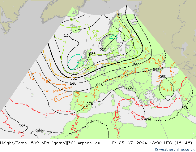 Hoogte/Temp. 500 hPa Arpege-eu vr 05.07.2024 18 UTC