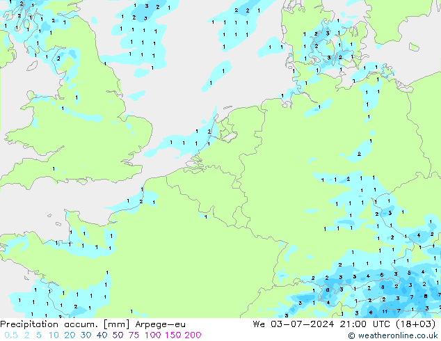 Precipitation accum. Arpege-eu 星期三 03.07.2024 21 UTC