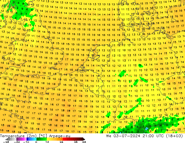 温度图 Arpege-eu 星期三 03.07.2024 21 UTC