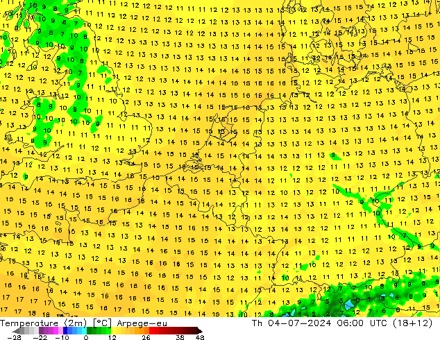 温度图 Arpege-eu 星期四 04.07.2024 06 UTC