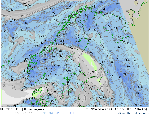 RH 700 hPa Arpege-eu 星期五 05.07.2024 18 UTC