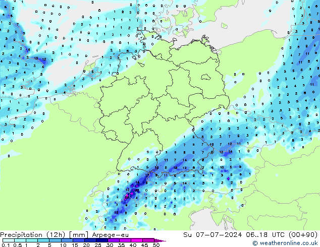 降水量 (12h) Arpege-eu 星期日 07.07.2024 18 UTC