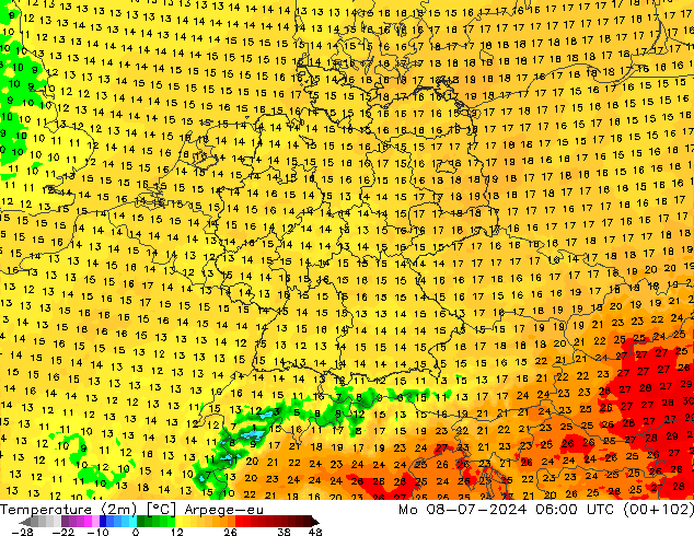Temperatuurkaart (2m) Arpege-eu ma 08.07.2024 06 UTC
