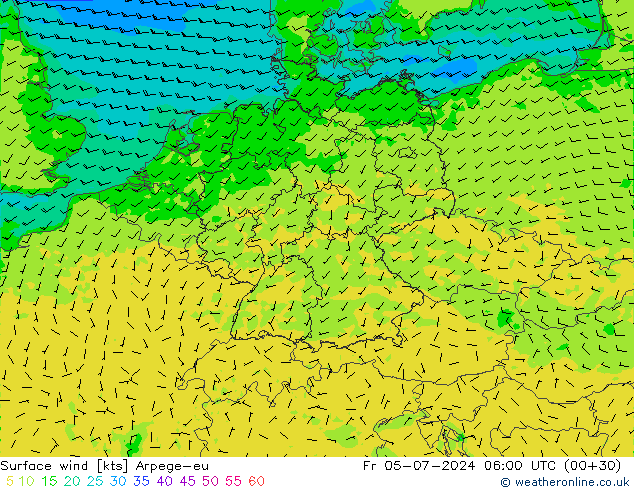 Wind 10 m Arpege-eu vr 05.07.2024 06 UTC
