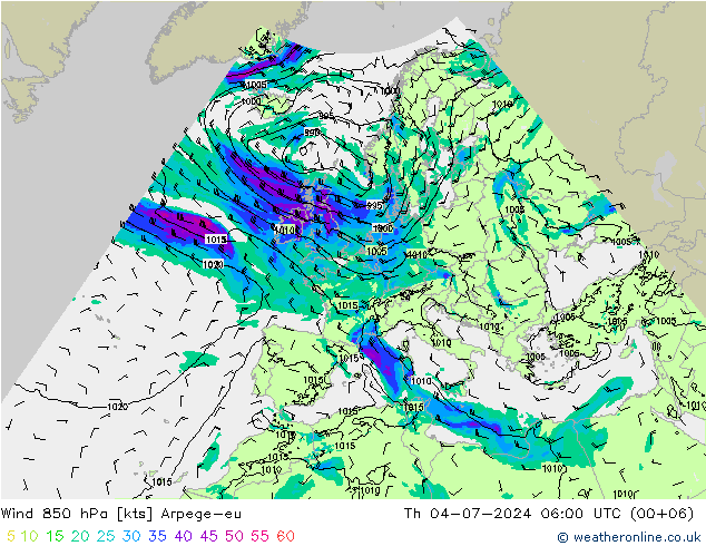 Wind 850 hPa Arpege-eu do 04.07.2024 06 UTC