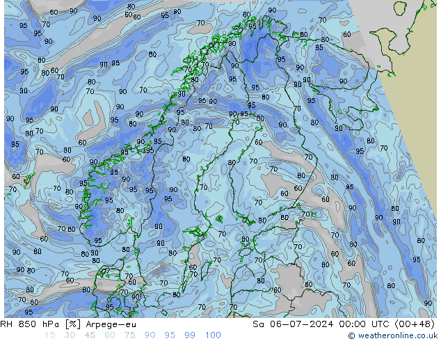 RH 850 hPa Arpege-eu 星期六 06.07.2024 00 UTC