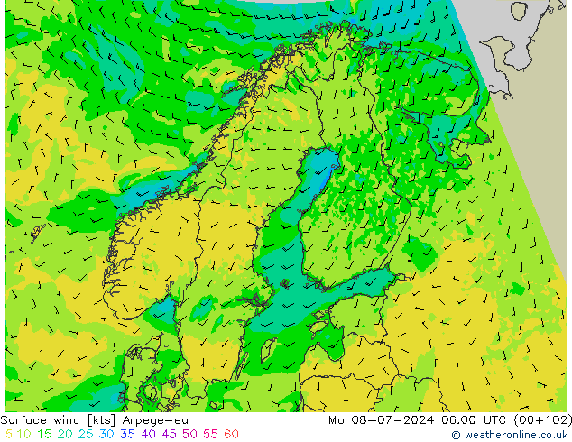 Wind 10 m Arpege-eu ma 08.07.2024 06 UTC