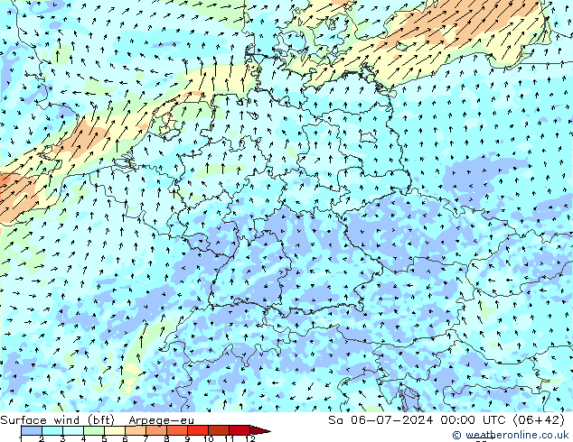 Wind 10 m (bft) Arpege-eu za 06.07.2024 00 UTC