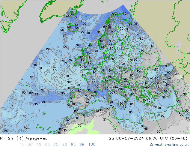 RH 2m Arpege-eu 星期六 06.07.2024 06 UTC