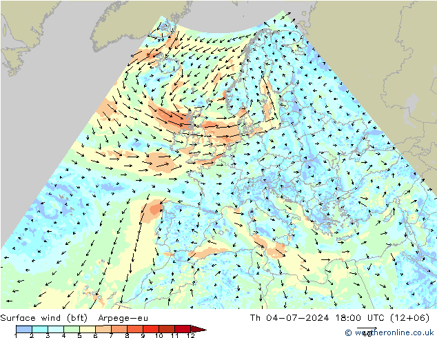 Wind 10 m (bft) Arpege-eu do 04.07.2024 18 UTC