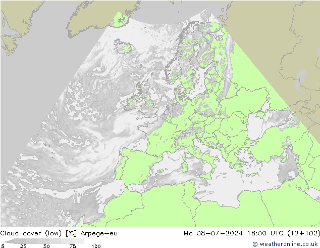 Bewolking (Laag) Arpege-eu ma 08.07.2024 18 UTC