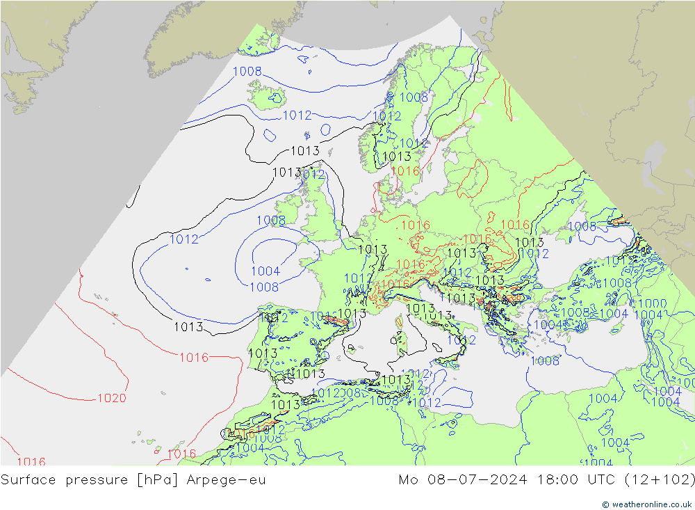 地面气压 Arpege-eu 星期一 08.07.2024 18 UTC