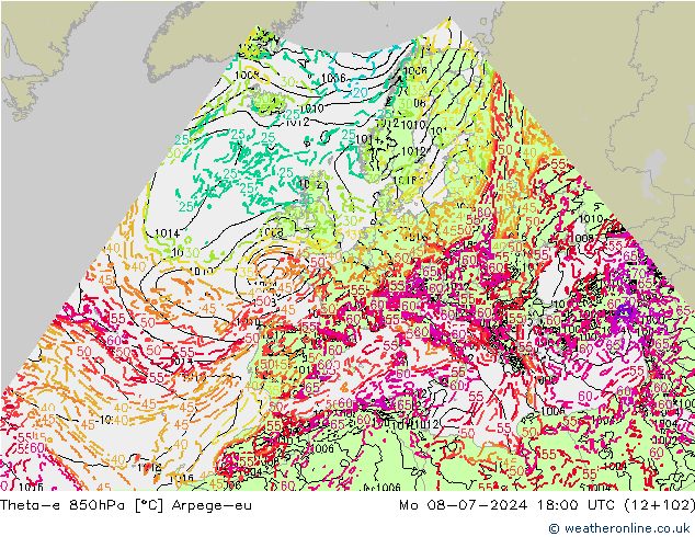 Theta-e 850hPa Arpege-eu 星期一 08.07.2024 18 UTC