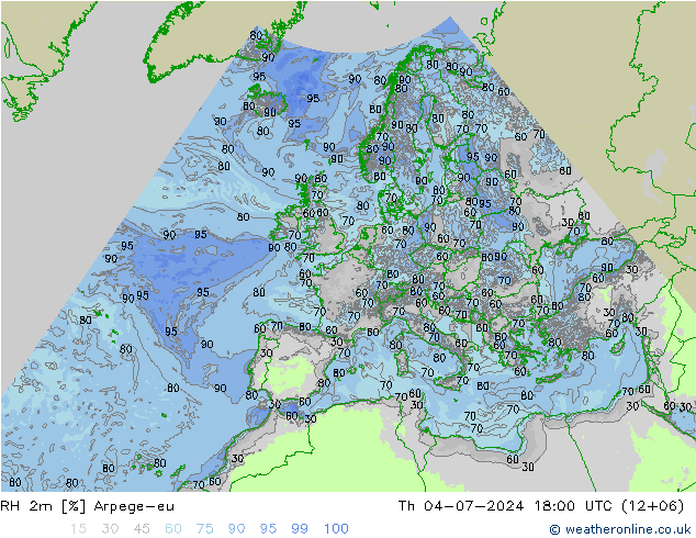 RH 2m Arpege-eu 星期四 04.07.2024 18 UTC