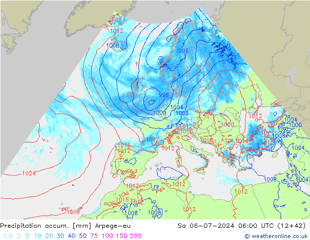 Precipitation accum. Arpege-eu 星期六 06.07.2024 06 UTC