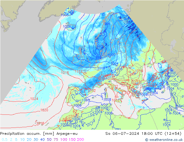 Totale neerslag Arpege-eu za 06.07.2024 18 UTC