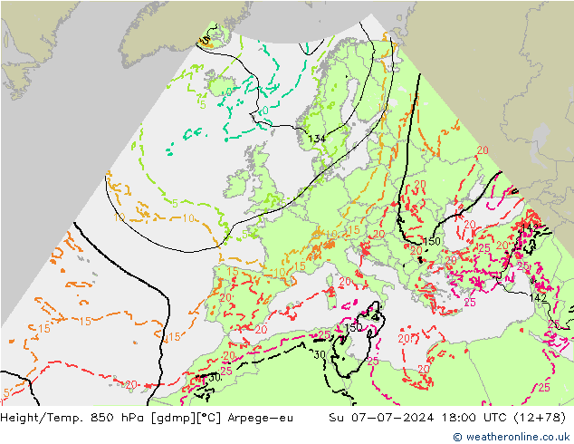 Hoogte/Temp. 850 hPa Arpege-eu zo 07.07.2024 18 UTC