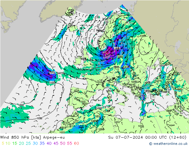 Wind 850 hPa Arpege-eu zo 07.07.2024 00 UTC