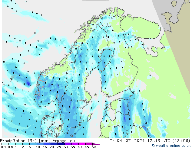 Totale neerslag (6h) Arpege-eu do 04.07.2024 18 UTC