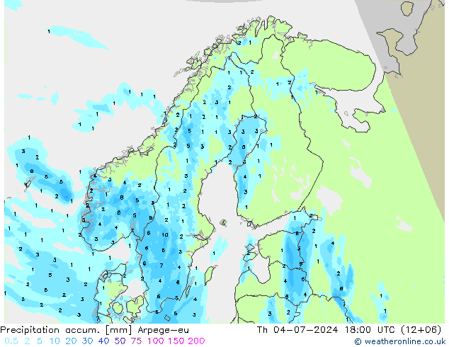 Precipitation accum. Arpege-eu 星期四 04.07.2024 18 UTC