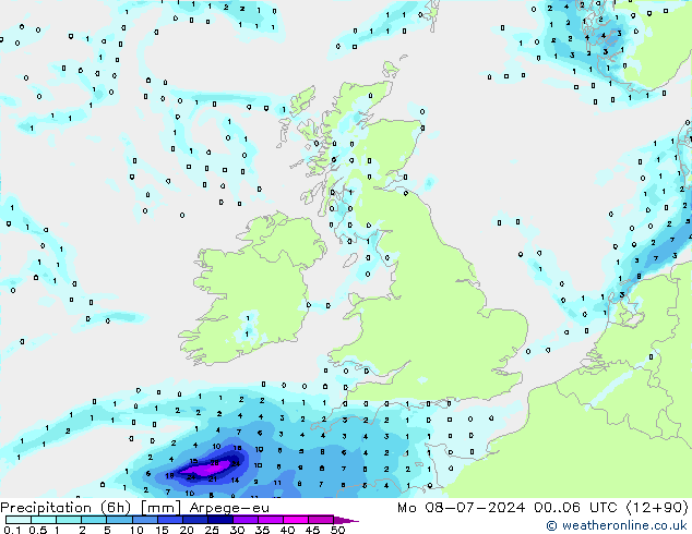 降水量 (6h) Arpege-eu 星期一 08.07.2024 06 UTC
