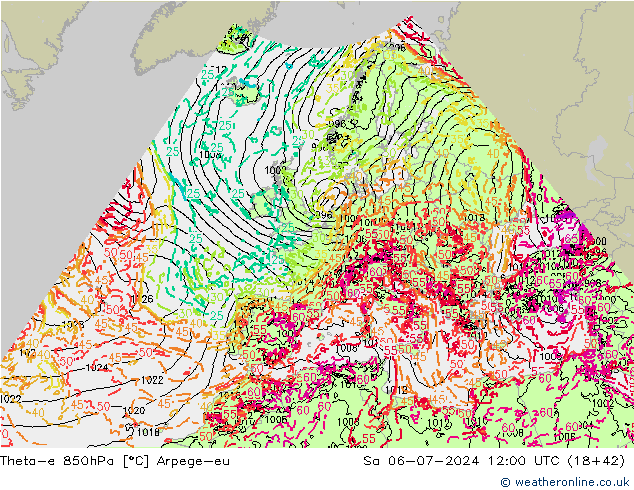 Theta-e 850hPa Arpege-eu 星期六 06.07.2024 12 UTC