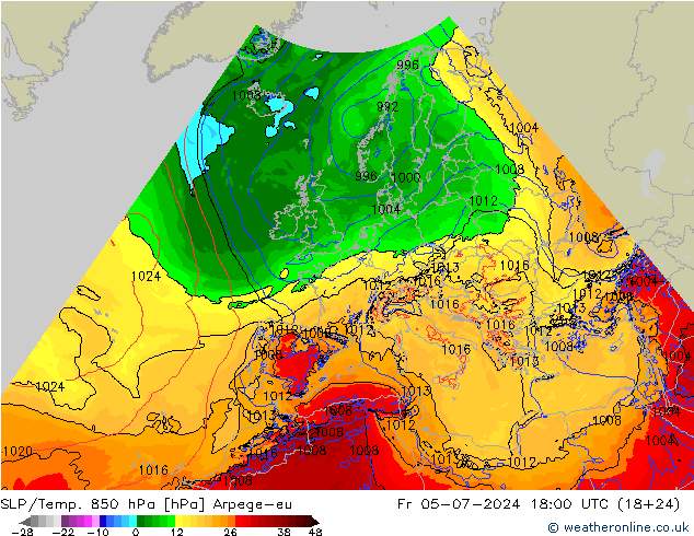SLP/Temp. 850 hPa Arpege-eu 星期五 05.07.2024 18 UTC