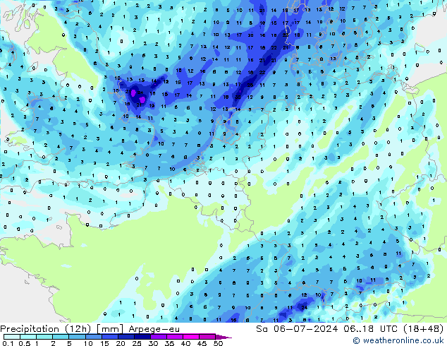 降水量 (12h) Arpege-eu 星期六 06.07.2024 18 UTC