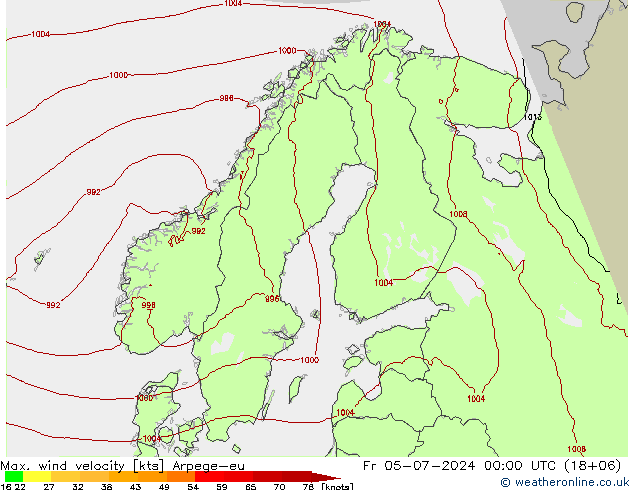 Max. wind snelheid Arpege-eu vr 05.07.2024 00 UTC