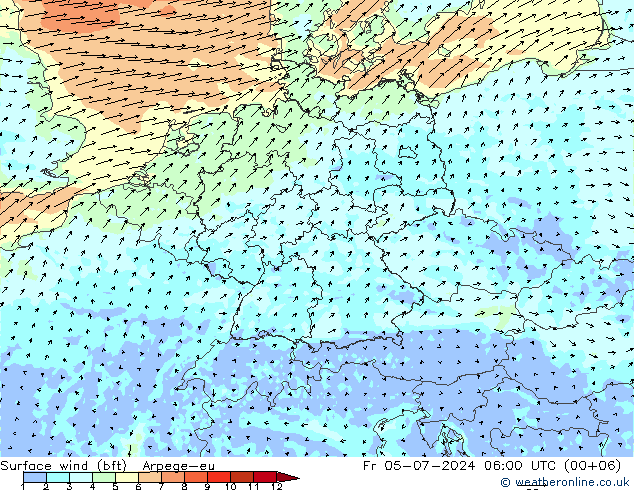 Wind 10 m (bft) Arpege-eu vr 05.07.2024 06 UTC