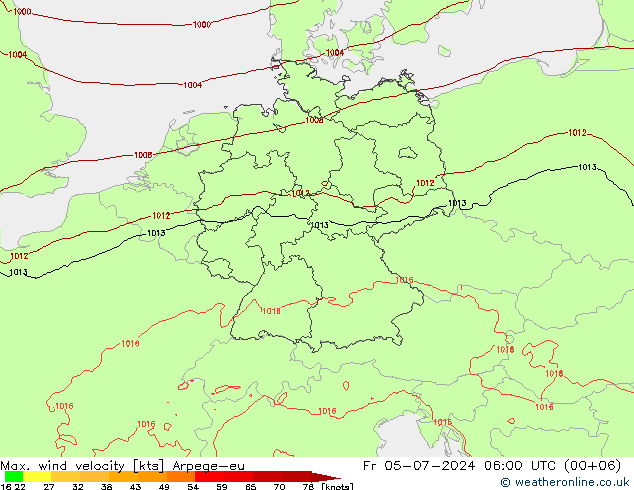 Max. wind velocity Arpege-eu 星期五 05.07.2024 06 UTC