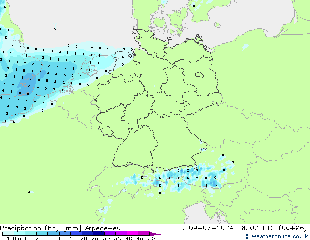 Totale neerslag (6h) Arpege-eu di 09.07.2024 00 UTC