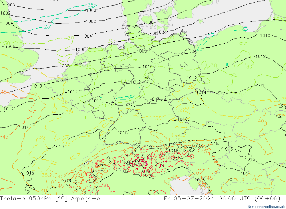 Theta-e 850hPa Arpege-eu 星期五 05.07.2024 06 UTC