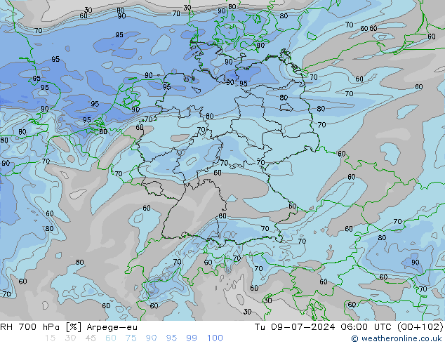 RH 700 hPa Arpege-eu 星期二 09.07.2024 06 UTC