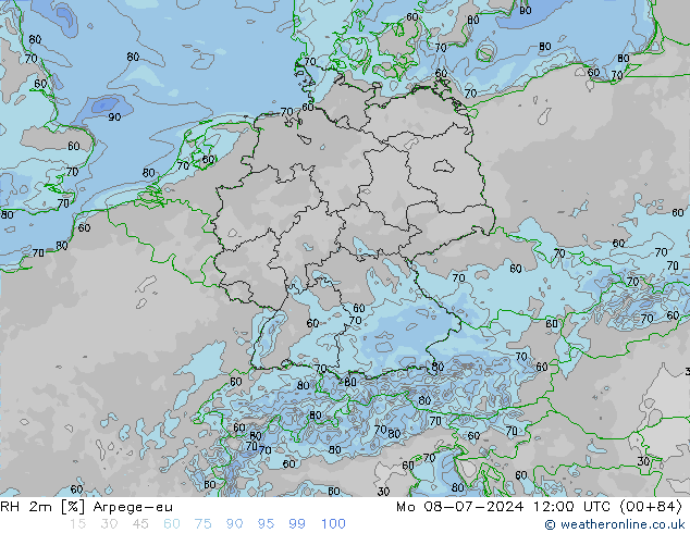 RH 2m Arpege-eu 星期一 08.07.2024 12 UTC