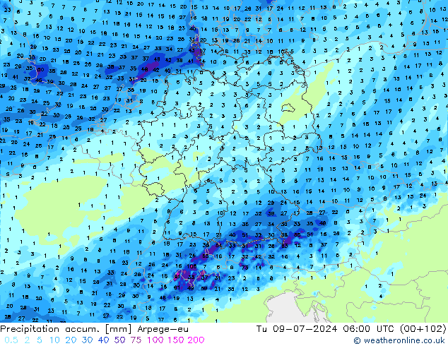 Precipitation accum. Arpege-eu 星期二 09.07.2024 06 UTC