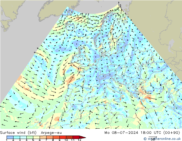 Wind 10 m (bft) Arpege-eu ma 08.07.2024 18 UTC