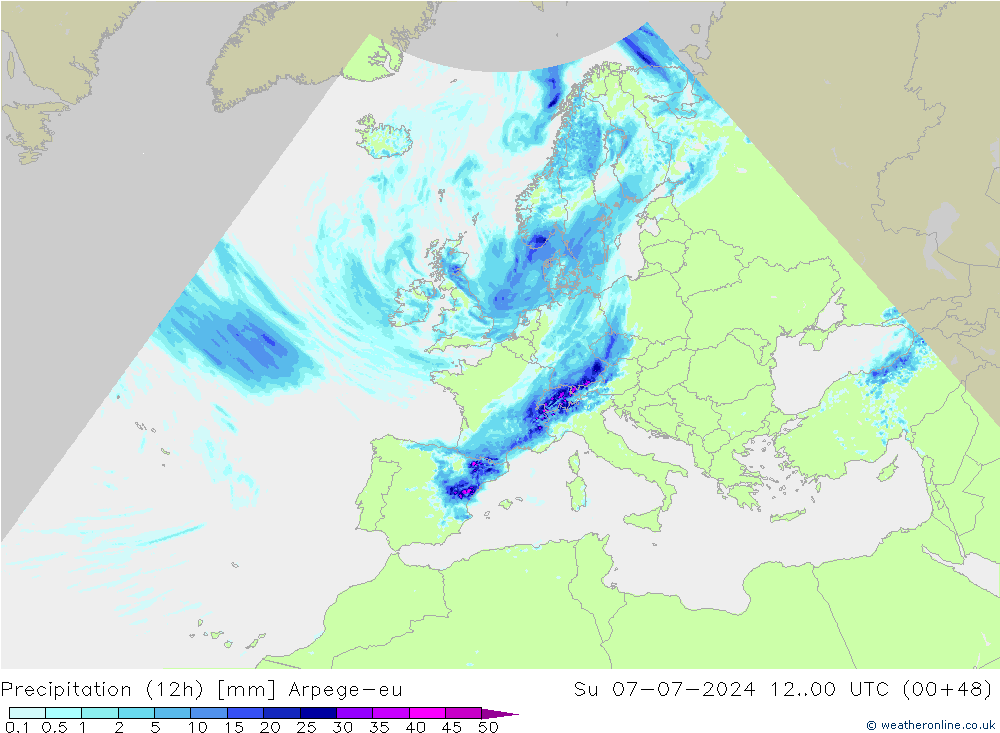 降水量 (12h) Arpege-eu 星期日 07.07.2024 00 UTC