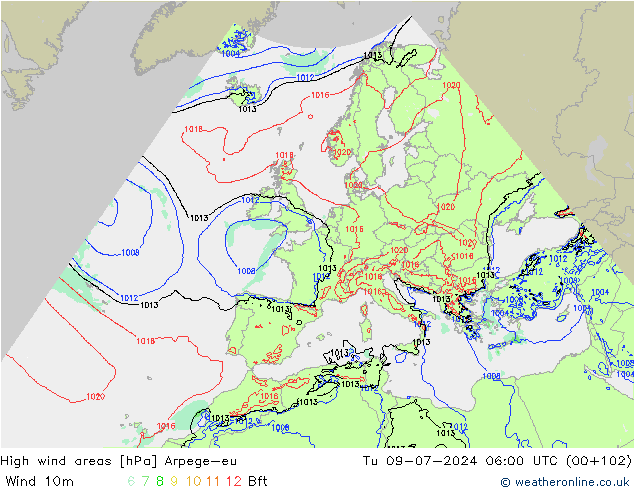 Windvelden Arpege-eu di 09.07.2024 06 UTC
