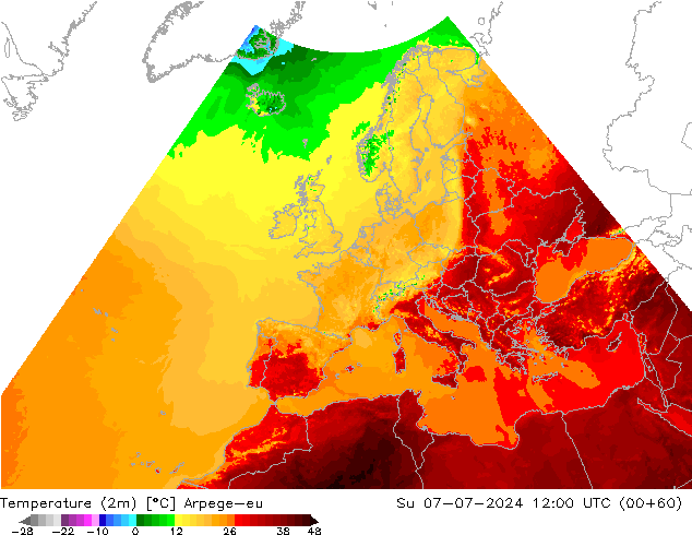 Temperatuurkaart (2m) Arpege-eu zo 07.07.2024 12 UTC