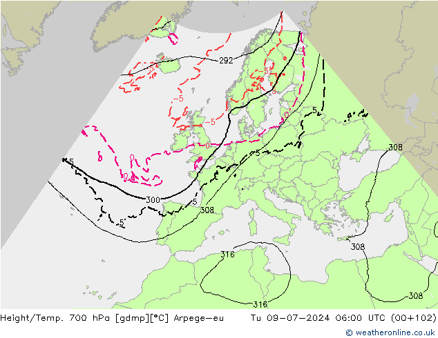 Hoogte/Temp. 700 hPa Arpege-eu di 09.07.2024 06 UTC