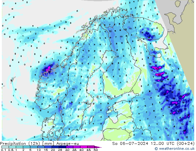 降水量 (12h) Arpege-eu 星期六 06.07.2024 00 UTC