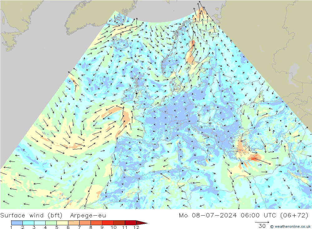 �N 10 米 (bft) Arpege-eu 星期一 08.07.2024 06 UTC