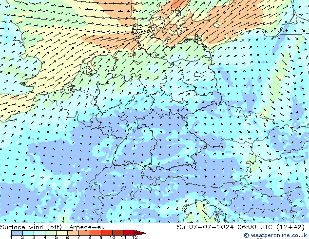 Wind 10 m (bft) Arpege-eu zo 07.07.2024 06 UTC