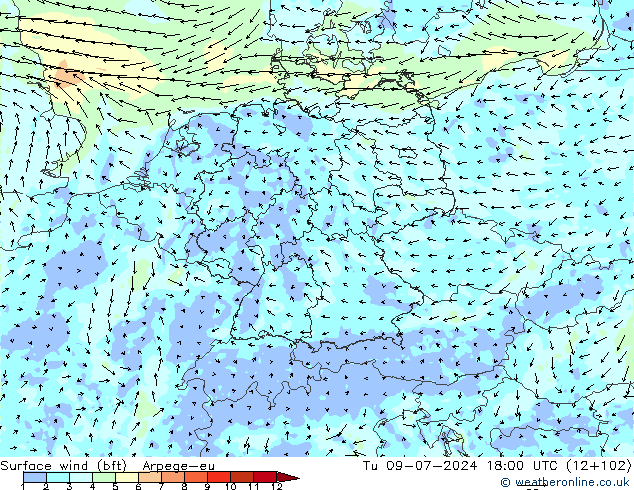 Wind 10 m (bft) Arpege-eu di 09.07.2024 18 UTC